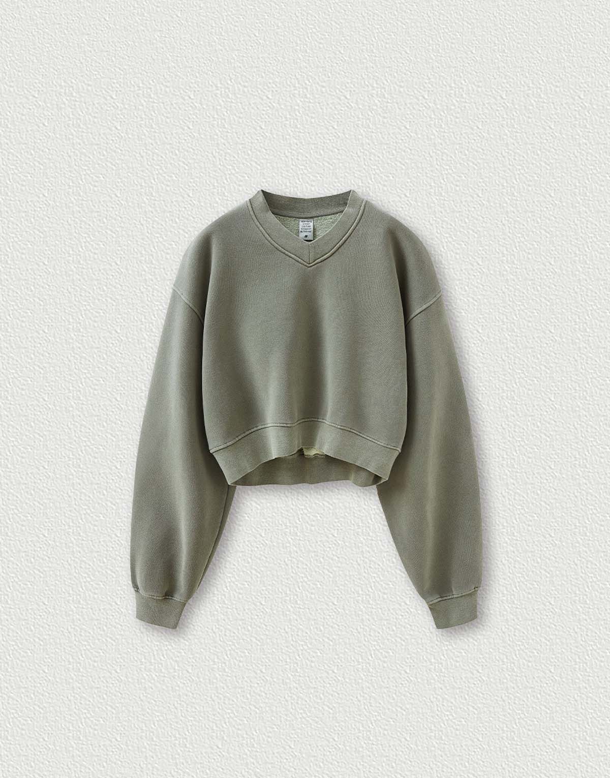 Women's Short Vintage Washed Fleece V-Neck Sweatshirt-wh280-2